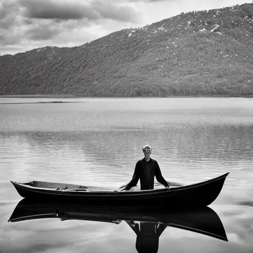 Prompt: realistic photo of a man standing in a small boat on endless broken mirrors