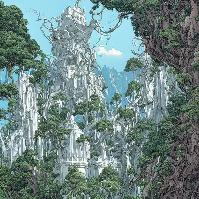 Image similar to a surreal white castle surrounded by exotic trees on a tall mountain by moebius