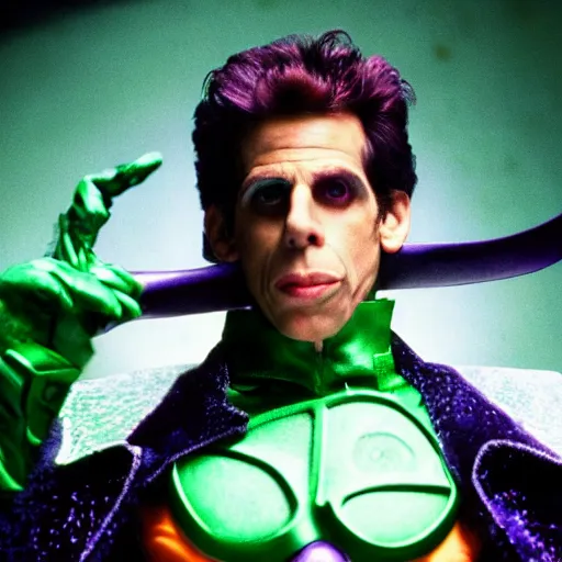 Prompt: Ben Stiller as the Riddler, photo from Batman Forever, detailed, 4k