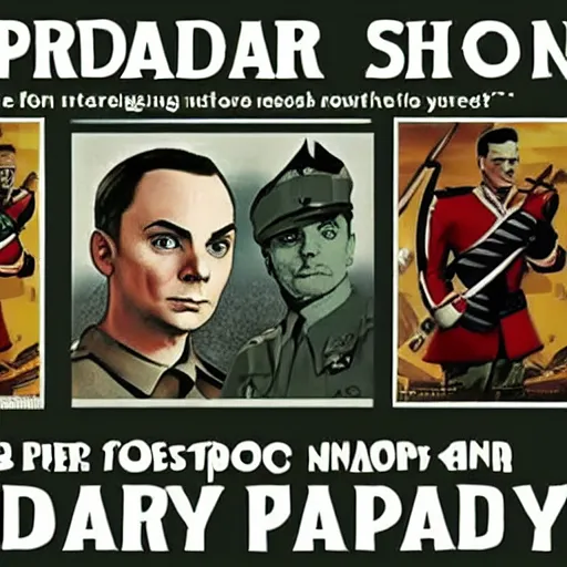 Image similar to propaganda poster of Sheldon Cooper in front of a large army