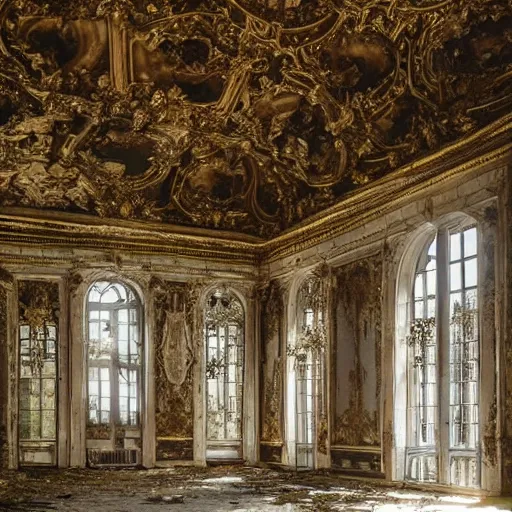 Image similar to a dream about inside opulent abandoned overgrown Palace of Versailles, lush plants growing through the floors and walls, walls are covered with vines, beautiful, dusty, golden volumetric light shines through giant broken windows, rich with epic details and dreamy atmosphere