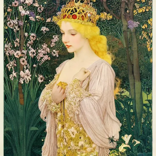 Image similar to beautiful blonde young woman wearing an elaborate jeweled headdress with lilies portrait by frank cadogan cowper, maxfield parrish, william morris, edmund dulac, and alphonse mucha, beautiful refined detailed dreamscape