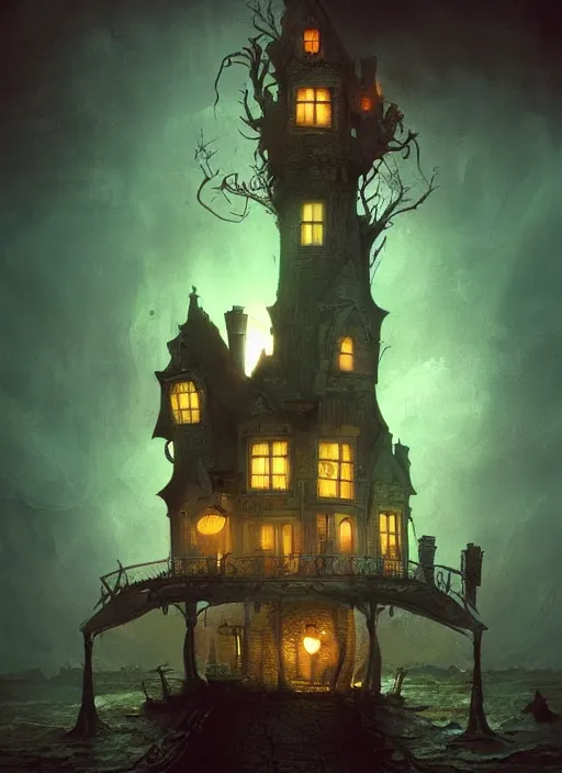 Image similar to glowing mansion in burning vapor dramatic lighting, artstation, matte painting, alexander fedosav, alexander jansson, glowing giant squid destroying the mansion by allen williams