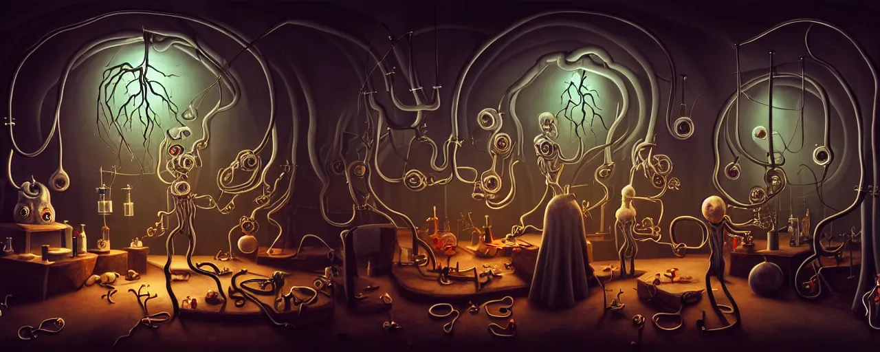 Image similar to uncanny alchemist chthonic creatures inside a visceral arterial alchemical lab within the left ventricle of a human heart, dramatic lighting, surreal fleischer cartoon characters, surreal painting by ronny khalil