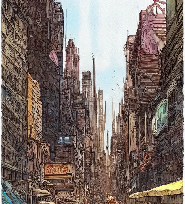 Image similar to a watercolor ink painting of a post - apocalyptic new - york in the style of jean giraud in the style of moebius trending on artstation deviantart pinterest detailed realistic hd 8 k high resolution