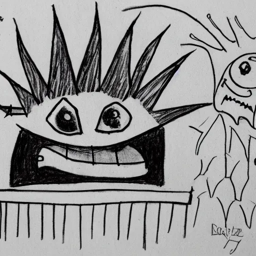 Image similar to very simple line drawing of a furnace with spiky toothed demons around it, pen on paper simple drawing by a 7 year old, no shading