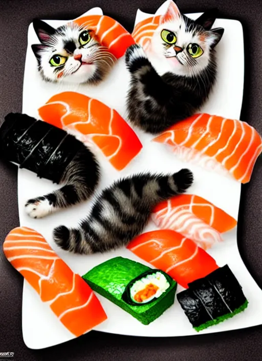 Image similar to clear photorealistic picture of adorable cats made out of sushi