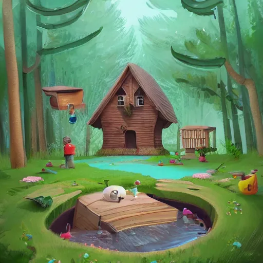 Prompt: a house with many round holes in the middle of a lush canadian forest, childrens book art, trending on artstation + illustration, cinematic