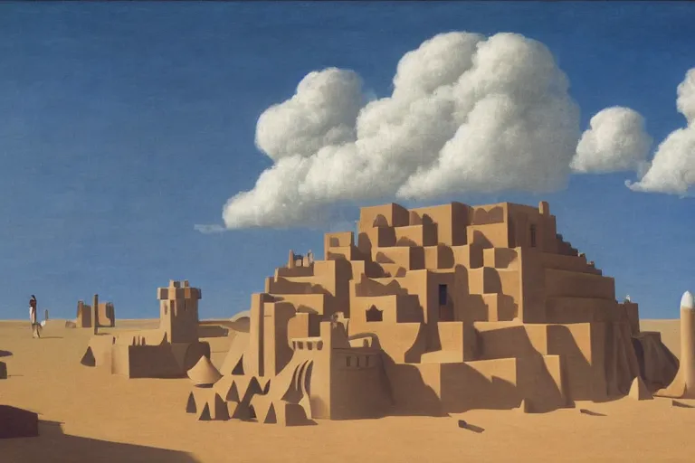 Prompt: a giant sand castle with a small crowd outside on a tropical island, fluffy clouds, blue sky by magritte and de chirico, oil painting, hyper detailed, masterpiece 4 k