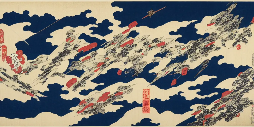 Prompt: space battle dogfight in style of katsushika hokusai, highly detailed, woodblock print