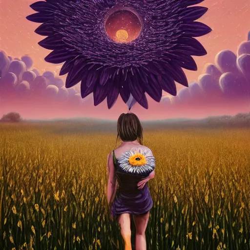 Image similar to giant daisy flowers as a head, girl walking in wheat field, hills, surreal photography, dark night, star trails, impressionist painting, dramatic clouds, digital painting, artstation, simon stalenhag