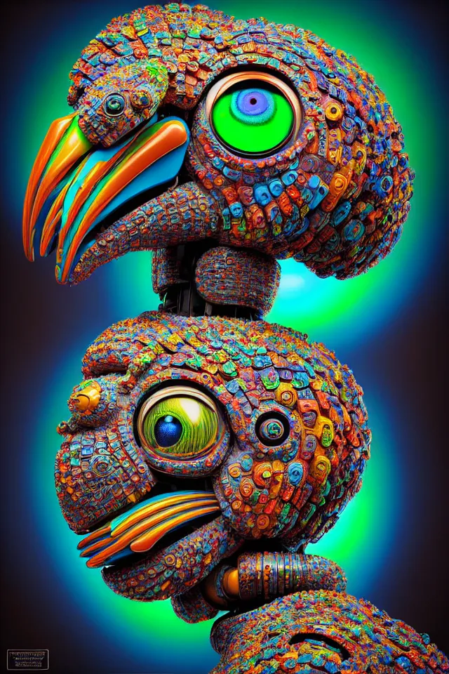 Prompt: portrait of a robot parrot made out of cobblestone as a psychedelic neural tiki reptile god by naoto hattori, dan mumford, android jones, and chris dyer, deep bold colors, galactic dmt entity, depth of field, intricate beautiful painting, billions of details, octane render, portal, 8 k, detailed vector, trending on artstation, cgisociety