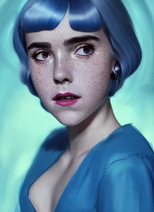 Image similar to portrait of kiernan shipka with freckles, white hair, big 1 9 6 0 s bob hairstyle with bangs and hairband, blue 1 9 6 0 s dress, intricate, elegant, glowing lights, highly detailed, digital painting, artstation, concept art, smooth, sharp focus, illustration, art by wlop, mars ravelo and greg rutkowski