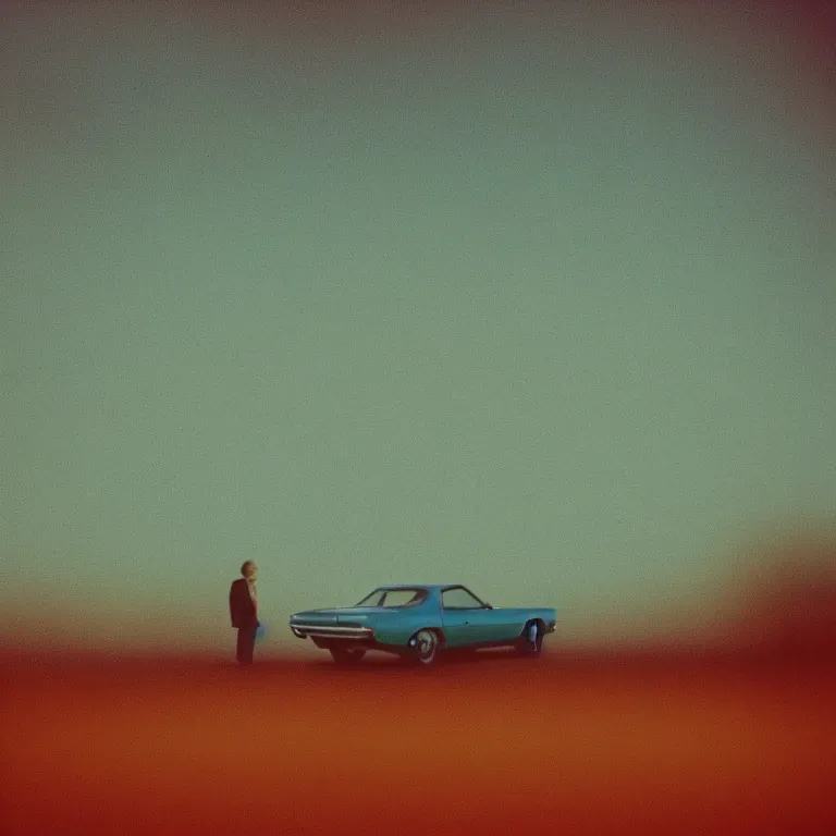 Image similar to 1 9 7 0 s car with exposed circuit boardy, silhouettes in field behind, film photo, soft lighting album cover, nostalgia, turquoise gradient