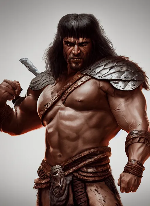 Image similar to comic book style portrait painting of a conan the barbarian in a stunning fantasy setting, unreal 5, DAZ, hyperrealistic, octane render, dynamic lighting