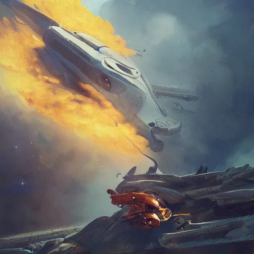 Prompt: a beautiful battle spaceship sticking in the ground, the spaceship is on fire, smoke, crash, accident, lightning, angry, kinetic, john sargent, adolphe bouguereaum, peter deligdisch, jama jurabaev, sachin teng, sergey kolesov, ruan jia, trending on artstation, highly detailed oil painting,