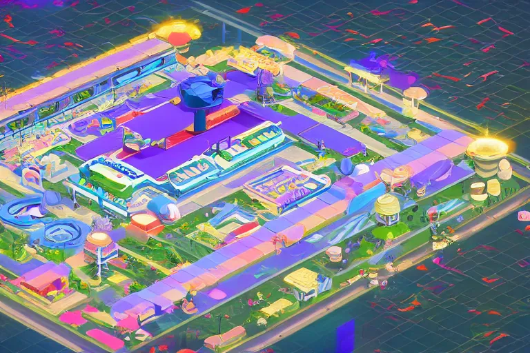 Image similar to isometric view of a futuristic high - tech sky arena inspired by modern skate parks and modern chinese playgrounds in the style of mario 3 d world, day