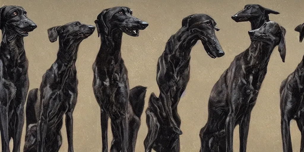 Image similar to a pack of black greyhounds, by nicola samori and phil hale