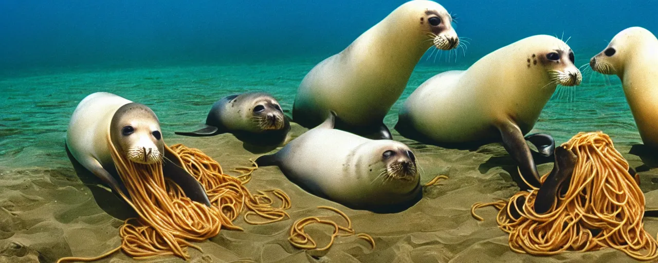 Image similar to seals eating spaghetti underwater in the ocean, canon 5 0 mm, in the style jacques cousteau, kodachrome