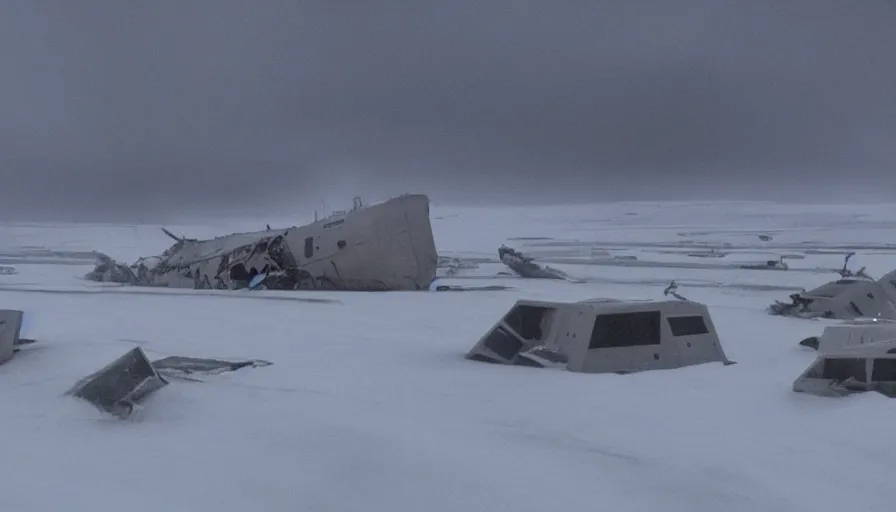 Prompt: Cargo ship crash site Hoth, moody, spooky, cinematic