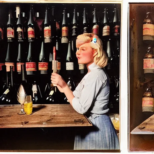 Image similar to hot blonde working in a wine cellar, food, pork, beer, schnapps, rustic, traditional, torches on the wall, delicate embellishments, painterly, offset printing technique, photographed on kodachrome by brom, robert henri, walter popp