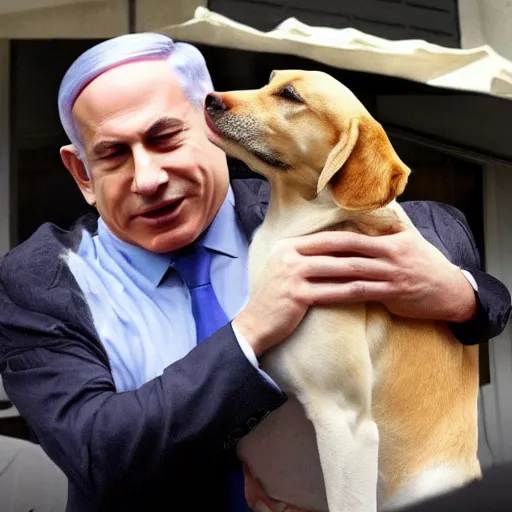 Image similar to benjamin netanyahu kissing a dog, photorealistic, detailed