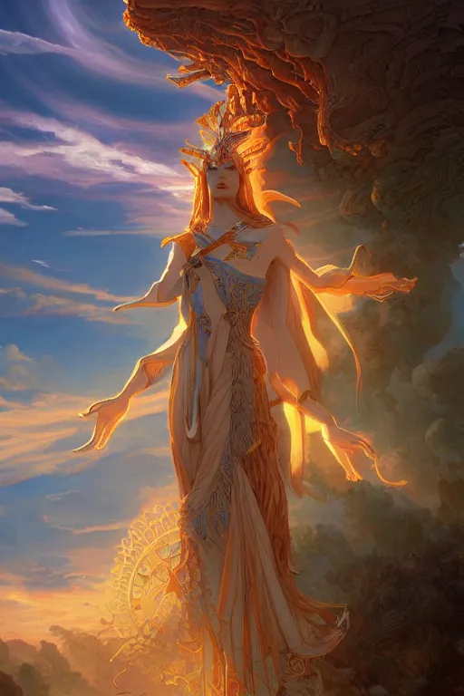 Image similar to the high Priestess of the sun god greets the rising sun, 8k resolution digital painting by Michael Whelan and Peter Mohrbacher, cinematic morning light