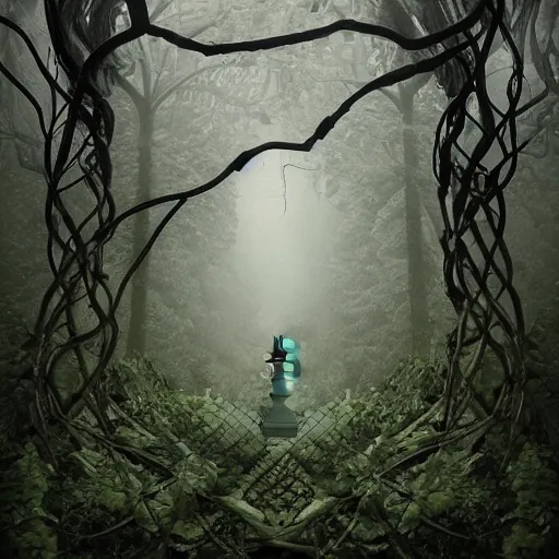 Prompt: statue of liberty surrounded by mystic forest with vines hanging from tree branches, fog, desaturated, creepy ambiance, sharp focus, highly detailed, artgerm, cgsociety