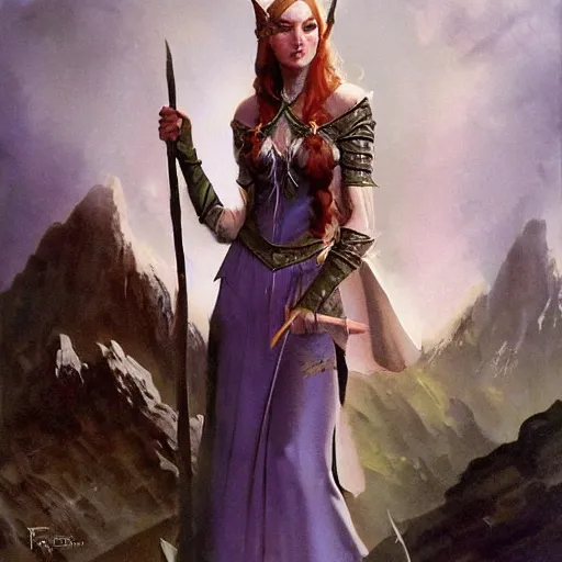 Image similar to elven princess character portrait by frank frazetta - wearing a dress, holding a staff, casting a spell, fantasy, dungeons & dragons, sharp focus, beautiful, artstation contest winner, detailed