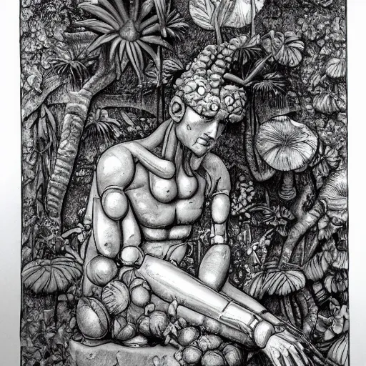 Image similar to botanical sketch of The thinker sculpture with a mechanical/cybernetic head, mushrooms and peyote/san pedro at the base, surrounded by a lush jungle and morning glory flowers, high detail, b&w,