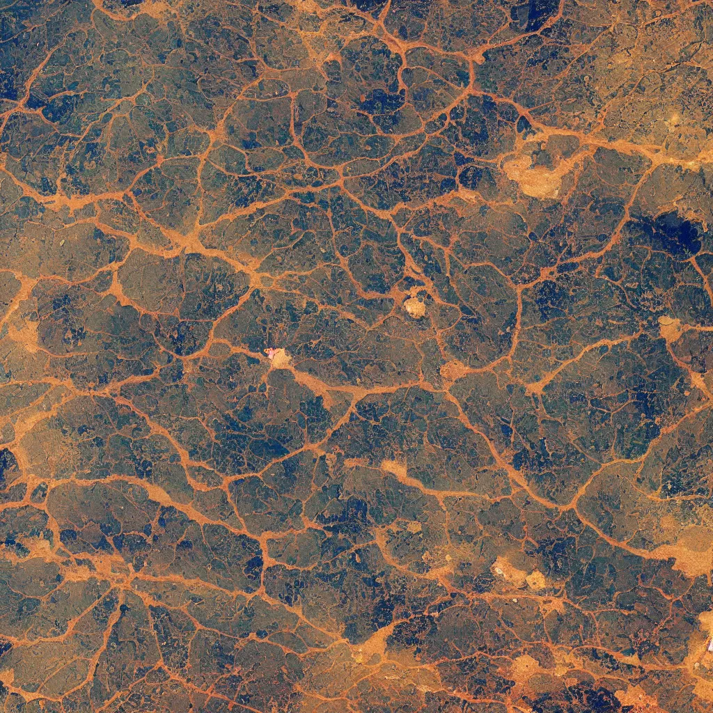 Prompt: A photograph shot from Landsat 99 satellitean highly textured and detailed landscape seen from an high precision satellite, the remains of an high tech civilization are visible and multiform, rivers of gold and cracks with very consistent color palette run all over the place, very detailed, 8K, photorealistic