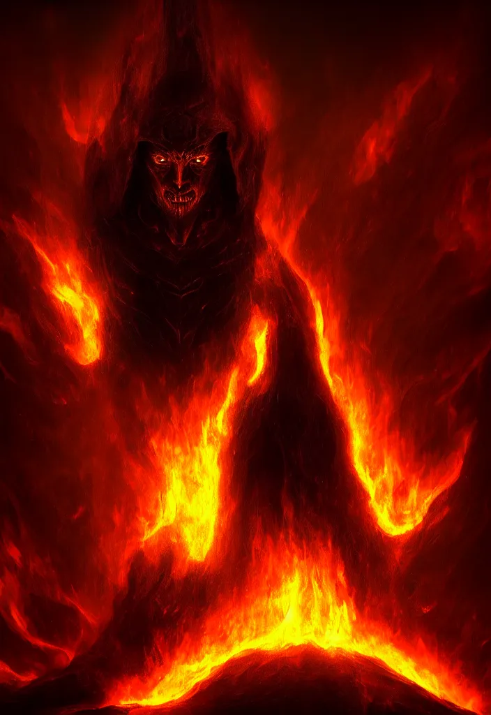 Image similar to the dark deity is reborn from the fire, dark and mysterious, atmospheric, ominous, eerie, cinematic, cinematic, 4k, ultra detail, ultra realistic