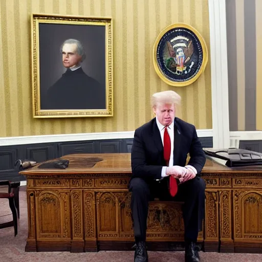 Image similar to senator armstrong!!!!!!!!!!! from metal gear rising revengeance sitting behind resolute desk, oil painting, presidential portrait, oval office