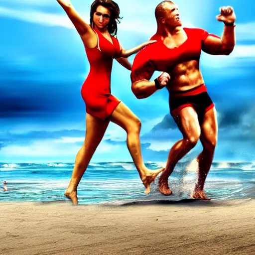 Prompt: storming the beach of normandy mashup with baywatch starring the Rock photo dramatic lighting hd trending on deviantart