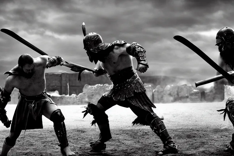 Image similar to cinematic monochromatic shot of an epic gladiator fight