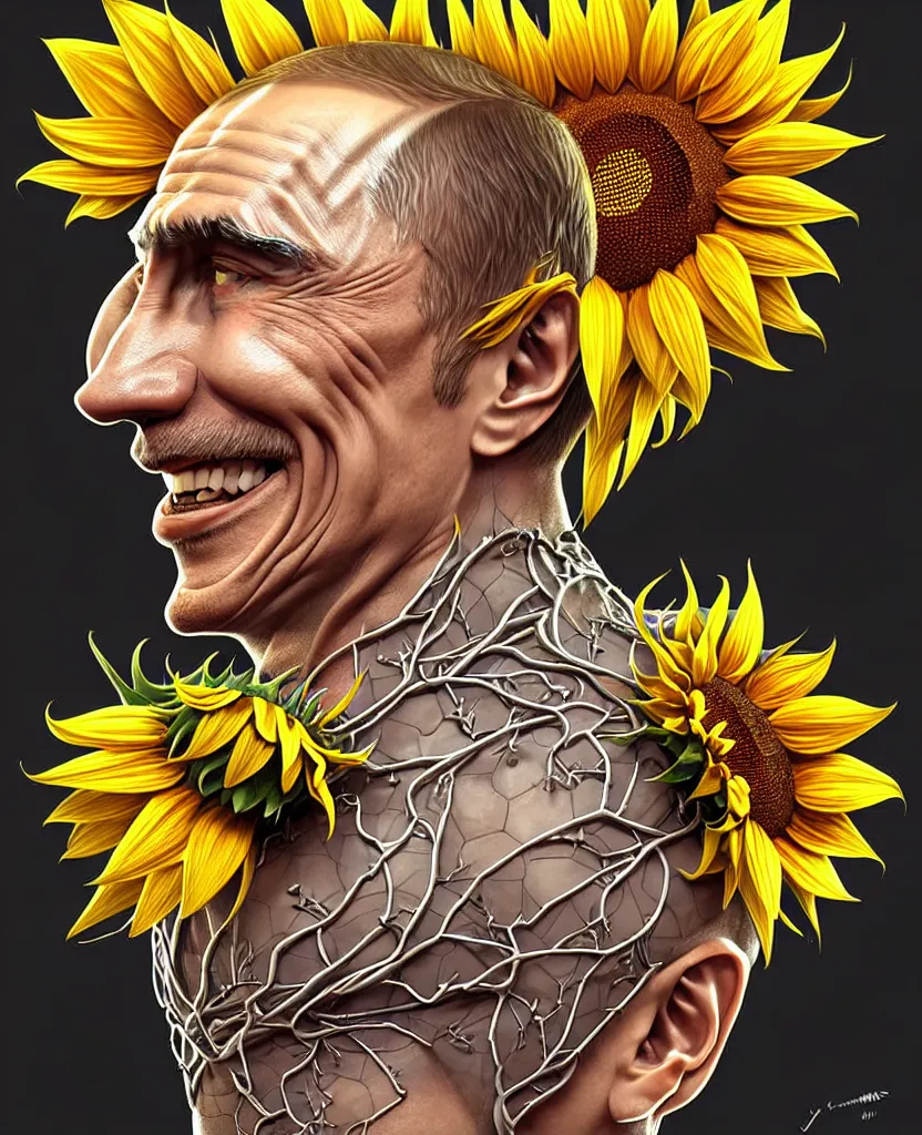 Image similar to digital art, centered full body of Putin smiling king, Sunflower crown, ,intricate, veins, by James Jean and by artgerm , by ross tran ultradetailed, charachter design, concept art, trending on artstation,