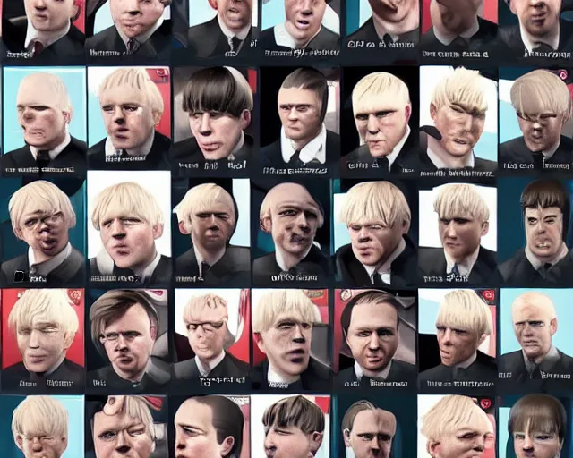 Image similar to boris johnson in 1 0 0 different styles, character art sheet, by various concept artists, redshift render, hyperrealistic face, photorealistic render