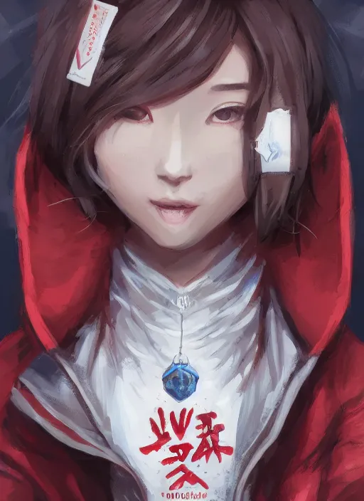 Prompt: a highly detailed illustration of short hair cute japanese girl wearing blood stained hoodie with the word nevada on it, dramatic smile pose, intricate, elegant, highly detailed, centered, digital painting, artstation, concept art, smooth, sharp focus, league of legends concept art, WLOP