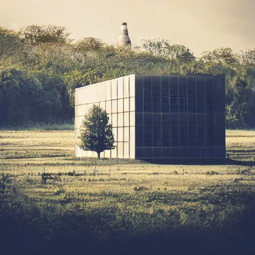 Image similar to sci fi nuclear containment building in an expansive river valley with tree and a city in the distance, a sense of hope and optimism, birds overhead, stark light, day time, unsplash, national geographic, hd, high res