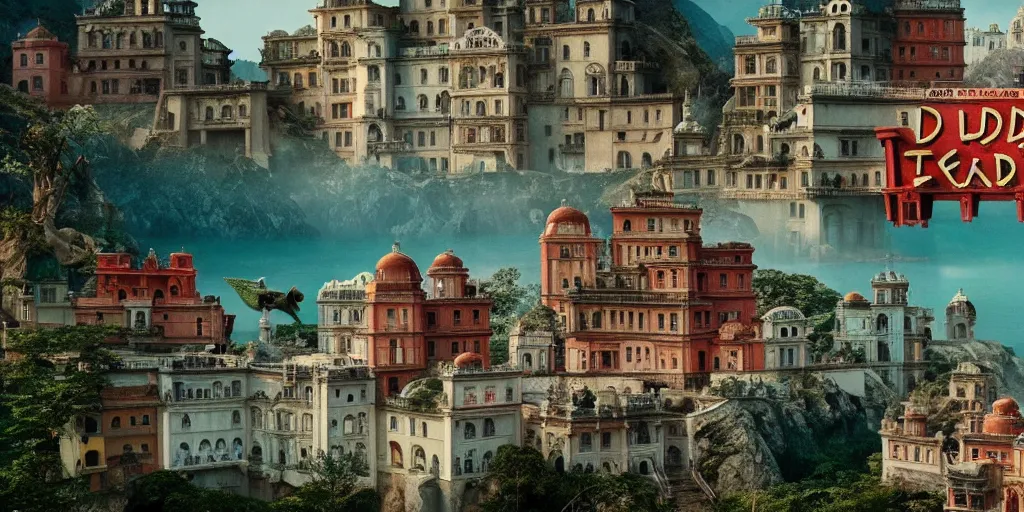 Prompt: a very high resolution image from a new movie, upside - down old temple, beautiful scenery, photorealistic, photography, directed by wes anderson