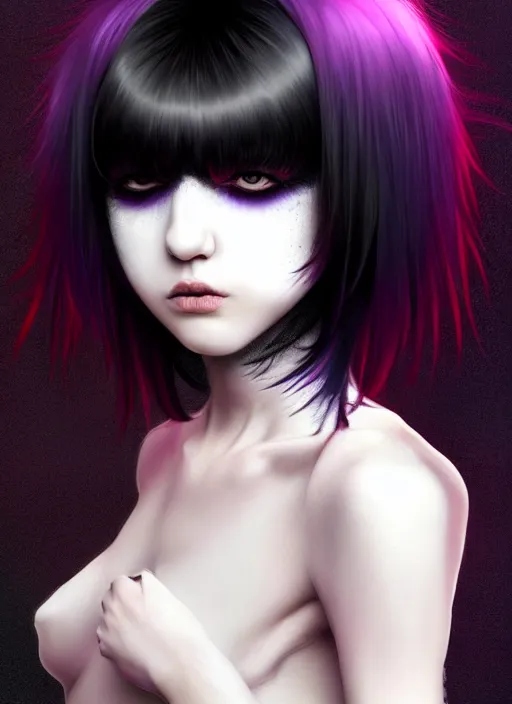 Image similar to hair blackbangs hair, white cyberlox, portrait of normal teenage girl, normal face, black bangs, messy bangs, fluffy bangs, cyberlox, whitebangs, red contact lenses, purple background, intricate, elegant, highly detailed, digital painting, artstation, concept art, sharp focus, smooth, illustration, art by wlop, mars ravelo and greg rutkowski