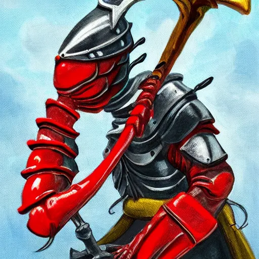 Prompt: Lobster Knight with a claw arm and a human arm holding a sword