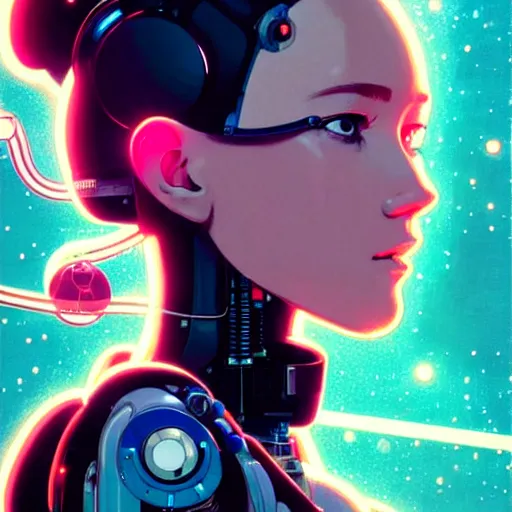 Image similar to side portrait scifi cyborg girl with robotic parts and spacesuit | | head only in center of image, audrey plaza, fine detail!! anime!! realistic shaded lighting!! poster by ilya kuvshinov katsuhiro otomo ghost - in - the - shell, magali villeneuve, artgerm, jeremy lipkin and michael garmash and rob rey