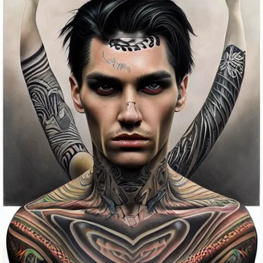 Image similar to ultra realistic portrait painting of a perfect handsome man green eyes black and grey hair, neck tribal snake tattoo, painted by Tristan Eaton Stanley Artgerm and Tom Bagshaw