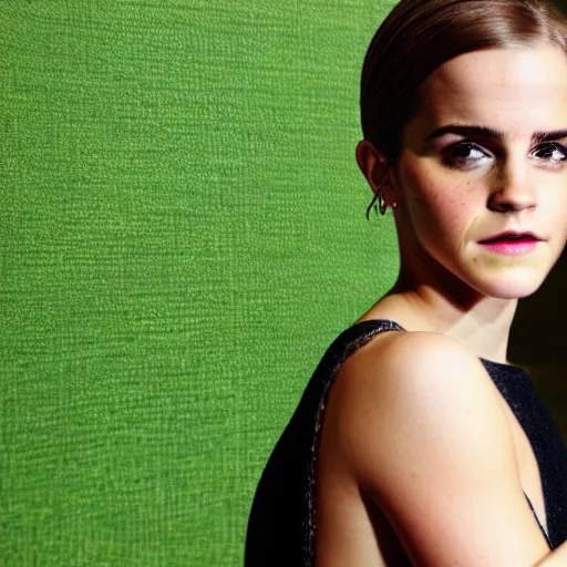 Image similar to portrait photograph of emma watson but her skin is avocado skin