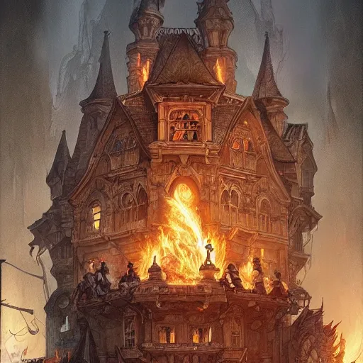 Image similar to Goblins burning an orphanage, cinematic, intricate, elegant, highly detailed, digital painting, artstation, concept art, smooth, sharp, focus, illustration, art by artgerm and Johfra Bosschart