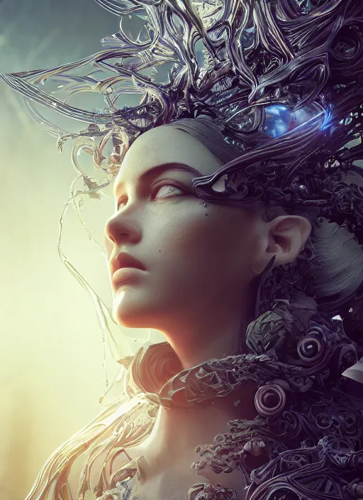 Image similar to beauteous sumptuous biomechanical incredible hair, crystalline masterpiece incrustations, hyperdetailed face, elegant pose, movie still, intricate, octane render, cinematic forest lighting, cgsociety, unreal engine, crepuscular rays, god rays