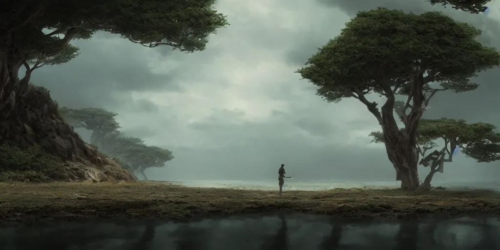 Image similar to an island, cinematic cinematography masterpiece, greg rutkowski, and ivan aivazovski, roger deakins