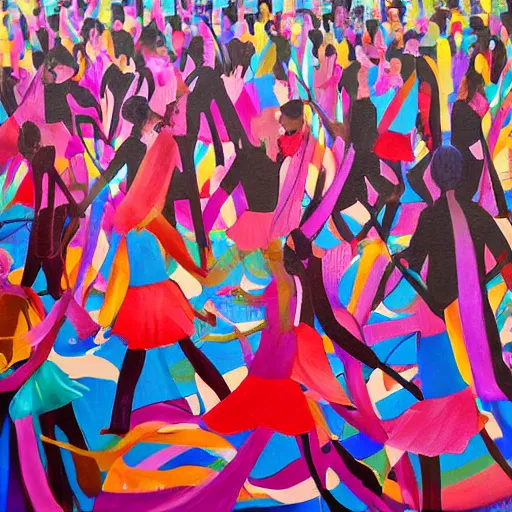 Image similar to painting people dancing wrapped up in ribbons of color