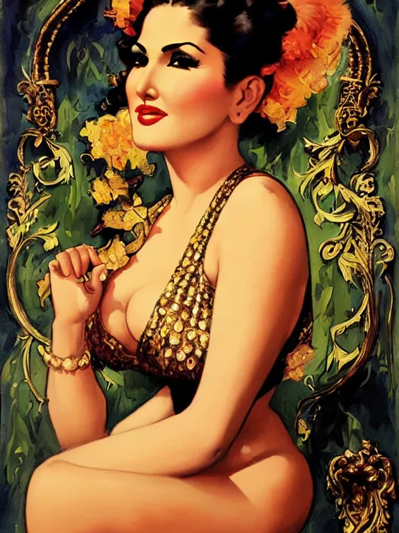 Image similar to sunny leone, a beautiful art nouveau portrait by Gil elvgren and Jim mahfood, 1920s city environment, centered composition, defined features, golden ratio, gold jewlery, photorealistic professional lighting, cinematic